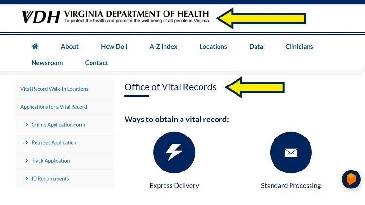 Screenshot of Virginia DH website page with yellow arrows on Office of Vital Records.