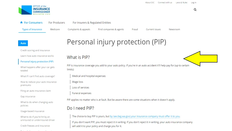 Screenshot of personal injury protection insurance definition with yellow arrow. 