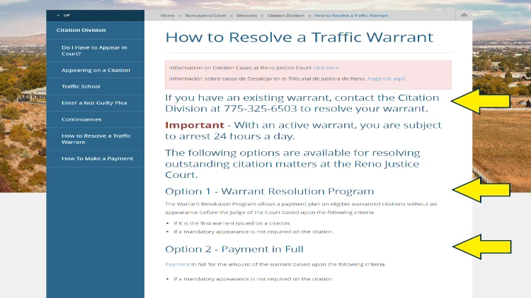 Screenshot of Washoe County website page for traffic warrants with yellow arrow pointing to traffic warrant resolution process on Washoe County.