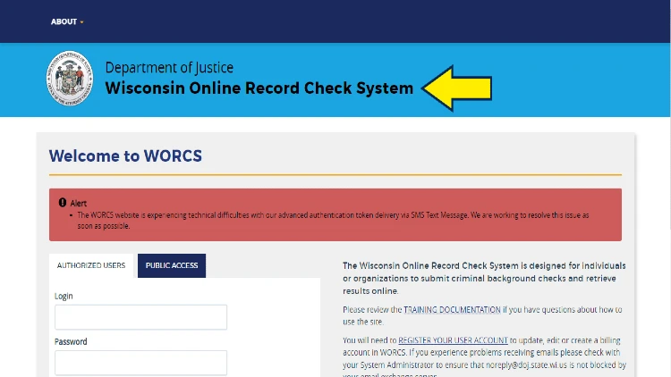 Screenshot of Wisconsin Department of Justice website page for WORCS with yellow arrow on online criminal records check.