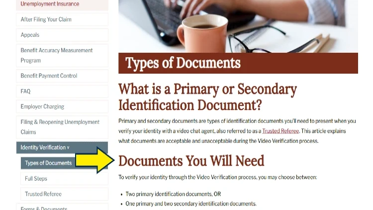 Screenshot of Department of Workforce Services Wyoming website page for identity verification with yellow arrow on the documents you will need.