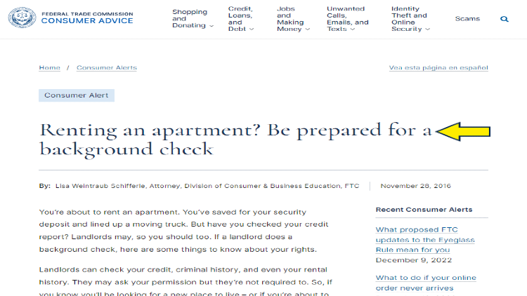 Screenshot of Federal Trade Commission website page about consumer alerts with yellow arrow pointing to preparation for a background check.