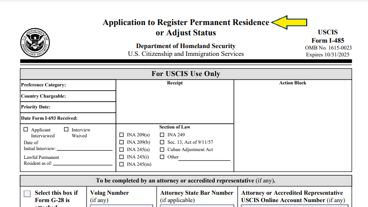 Screenshot of U.S. Department of Homeland Security website page for USCIS forms with yellow arrow on Application to Register Permanent Residence or Adjust Status.