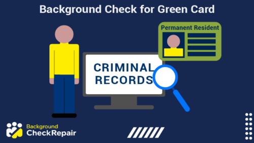 Man watching criminal records being examined and hoping to pass the background check for green card shown on the right, silently asking how far back does USCIS background check go to become a permanent resident?
