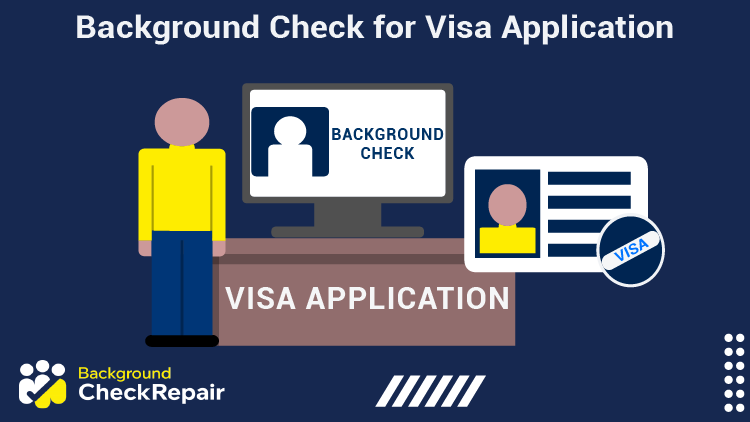 Man standing beside a Visa application desk and looking at background check results on a computer wonders about the background check for visa application requirements, how the FBI background check for visa works, and penalty for lying on visa application.