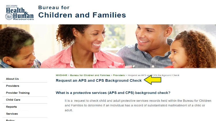 Screenshot of State of West Virginia website page for Bureau for Children and Families with yellow arrow on how to request an APS and CPS background check.