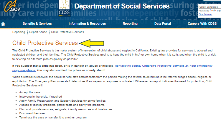 Screenshot of State of California website page for Department of Social Services with yellow arrow on Child Protective Services.