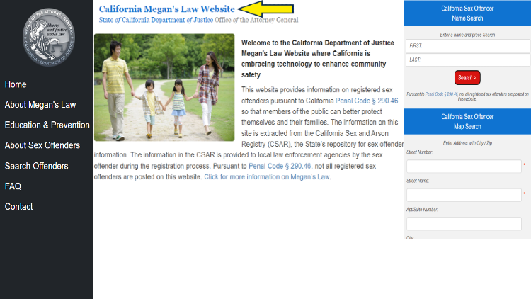 Screenshot of Office of Attorney General California website page for Megan's Law with yellow arrow on link to California Megan's law website. 