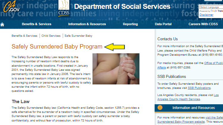 Screenshot of State of California website page for Department of Social Services with yellow arrow on Safely Surrendered Baby Program.