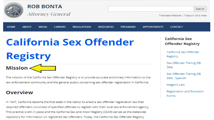Screenshot of California Attorney General website page for California Sex Offender registry with yellow arrow on its mission.