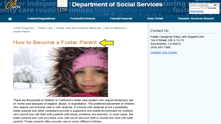 Screenshot of State of California website page for Department of Social Services with yellow arrow on how to become a foster parent.