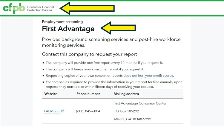 Screenshot of CFPB website page for employment screening with yellow arrows on First Advantage and what they do.