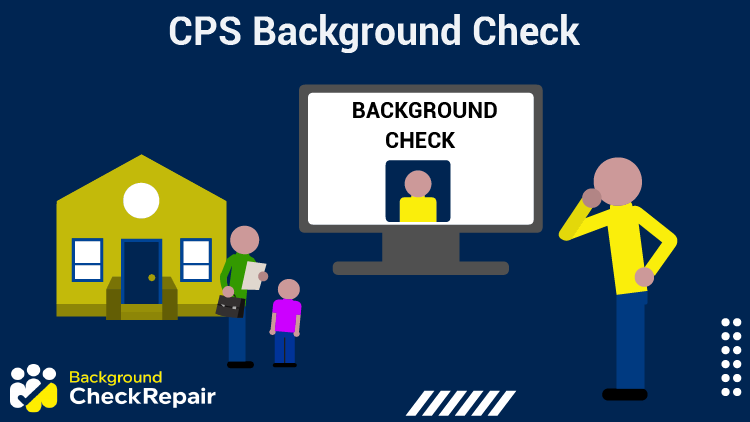 Man with his hand on his chin while looking at CPS background check on a computer screen and CPS worker filling out a CPS background check form wonders how Far Back Does a CPS Background Check Go and how Long Does a CPS Background Check Take?