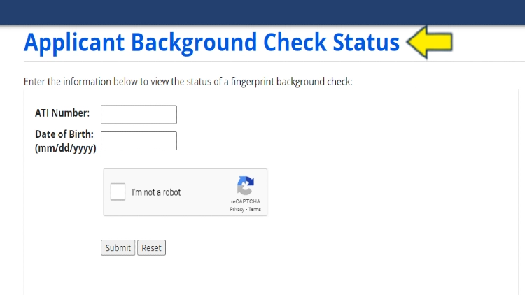 Screenshot of State of California website page for Department of Justice with yellow arrow on applicant background check status login. 