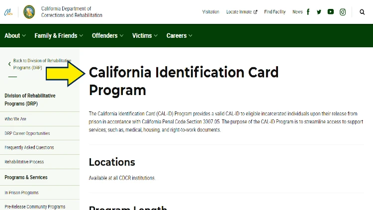 Screenshot of California Department of Corrections & Rehabilitation website page for rehabilitation with yellow arrow on California identification card program.