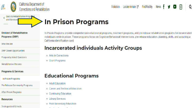 Screenshot of California Department of Corrections & Rehabilitation website page for programs and services with yellow arrow on California's in-prison programs.