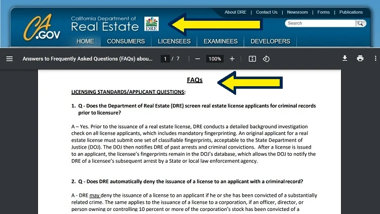Screenshot of State of California website page for Department of Real Estate with yellow arrows on FAQs pdf file.