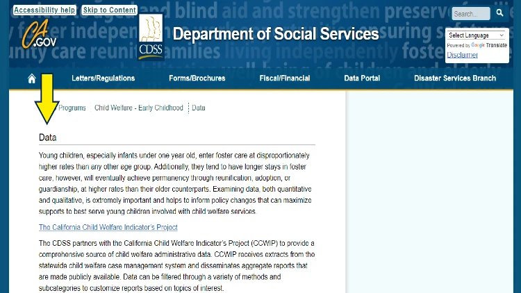 Screenshot of California Department of Social Services for CDSS Programs with yellow arrow on child welfare early childhood data.