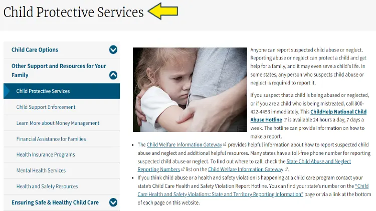 Screenshot of Child Care website page for services with yellow arrow on child protective services.