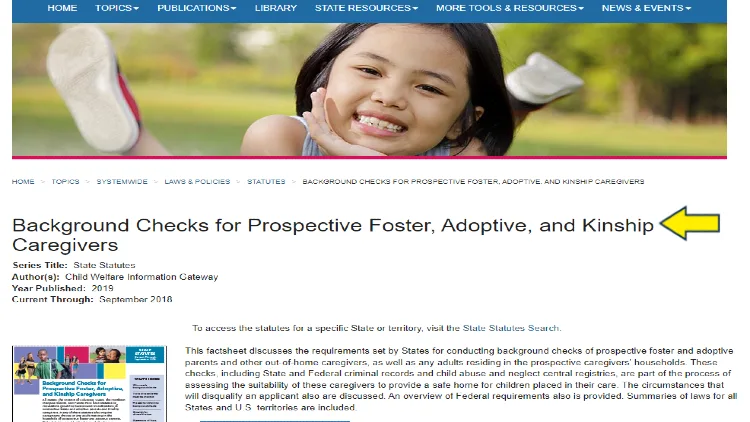 Screenshot of Child Welfare Information Gateway website page for statutes with yellow arrow on background checks for prospective foster, adoptive, and kinship caregivers.