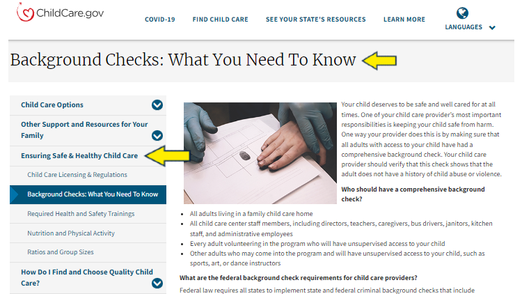 Screenshot of Child Care website page for guides to ensure safe and healthy child care with yellow arrow on what you need to know on background checks for child care.
