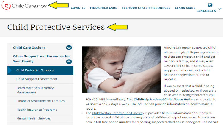 Screenshot of ChildCare.gov website page for child support resources with yellow arrows on child protective services.