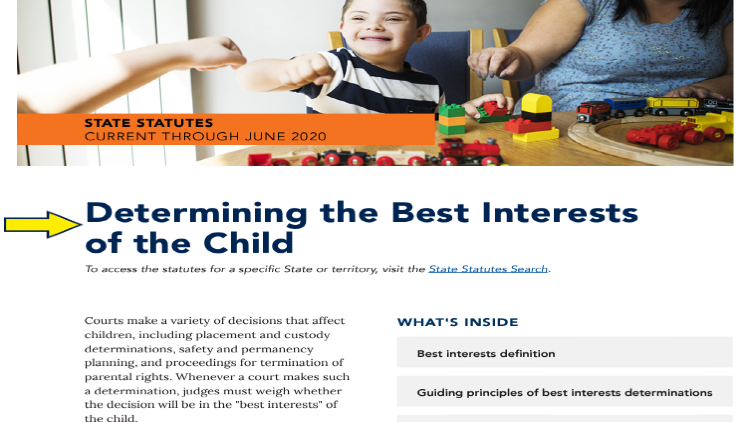 Screenshot of Child Welfare Information Gateway website page for statutes with yellow arrow on determining the best interests of the child.