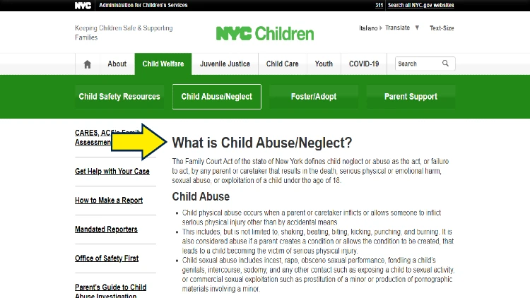Screenshot of City of New York website page for child welfare with yellow arrow on what is child abuse/neglect.