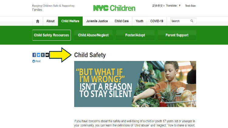 Screenshot of City of New York website page for NYC Children with yellow arrow on child safety.