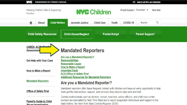 Screenshot of City of New York website page for NYC Children with yellow arrow on mandated reports for child abuse and neglect.