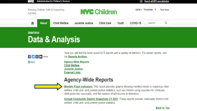 Screenshot of City of New York website page for data & analysis with yellow arrow on link for CPS case statistics indicators.