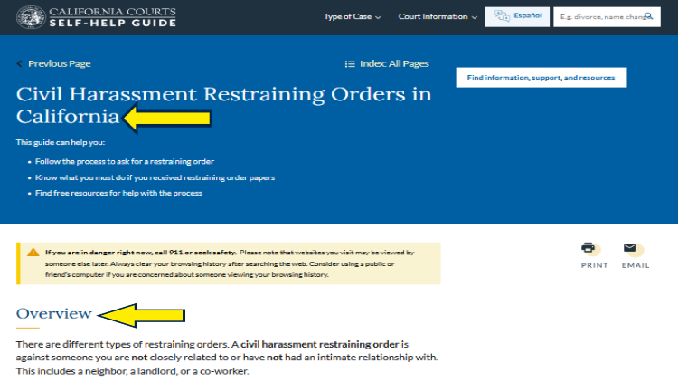 Screenshot of California Courts website page for self-help guide with yellow arrow on civil harassment restraining orders in California.