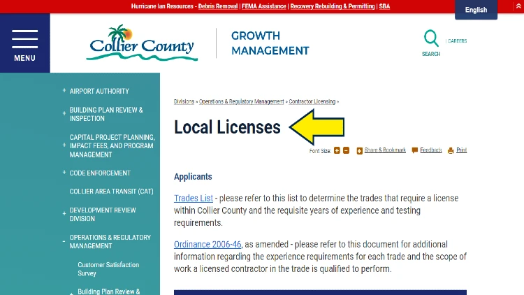 Screenshot of Collier County Government website page for contractor licensing with yellow arrow on local licenses.
