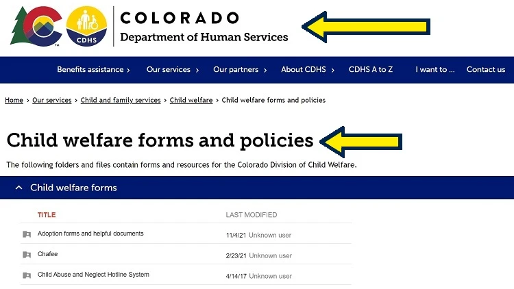 Screenshot of State of Colorado website page for Department of Human Services with yellow arrows on child welfare forms and policies.