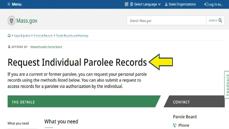 Screenshot of Commonwealth of Massachusettes website page for parole records and hearings with yellow arrow on parolee records requests.