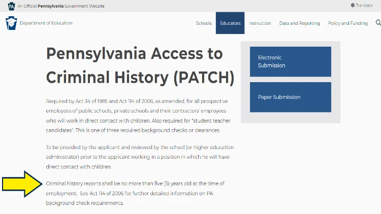 Screenshot of Commonwealth of Pennsylvania website page for clearances/background checks with yellow arrow on 5-year limit on criminal history background check.