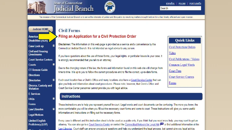 Screenshot of State of Connecticut Judicial Branch website page for civil forms with yellow arrow on how to apply for civil protection order.