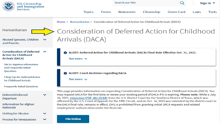Screenshot of U.S. Department of Homeland Security website page for U.S. Citizenship and Immigration Services with yellow arrow on consideration of deferred action for childhood arrivals (DACA).