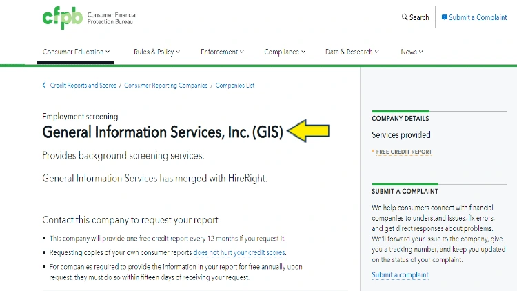 Screenshot of United State government website for CFPB with yellow arrow on General Information Services, Inc. (GIS).