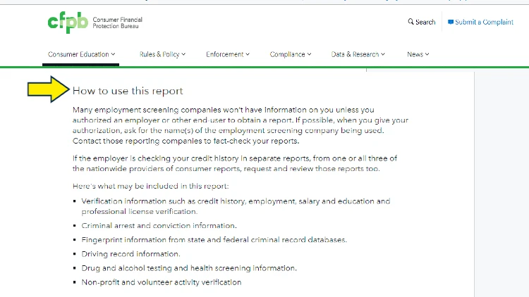 Screenshot of CFPB website for consumer education with yellow arrow on how to use credit reports.