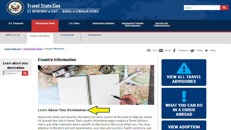 Screenshot of Travel State website page about country information with yellow arrow pointing to learn about destination.