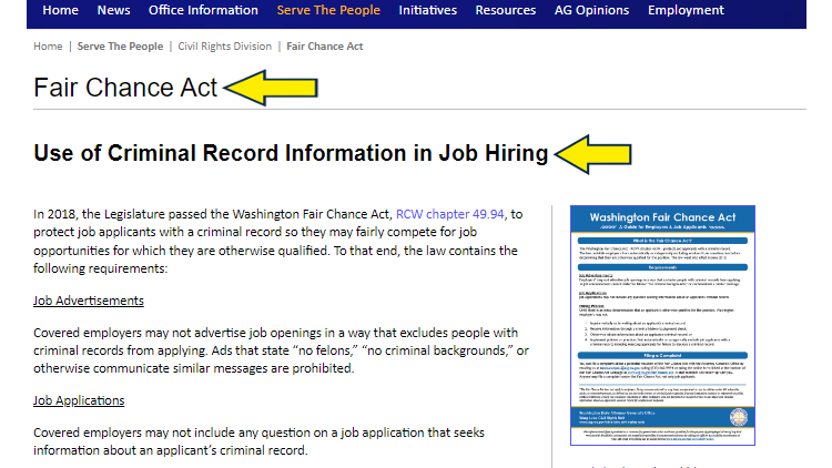 Screenshot of Washington State Office of the Attorney General website page for Civil Rights Division with yellow arrows on use of criminal record information in job hiring about the Fair Chance Act.