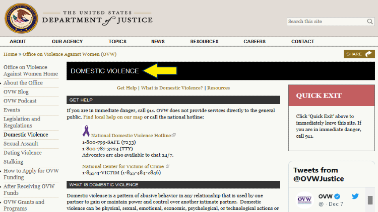 Screenshot of U.S. Department of Justice website page for Office on Violence Against Women with yellow arrow on domestic violence.