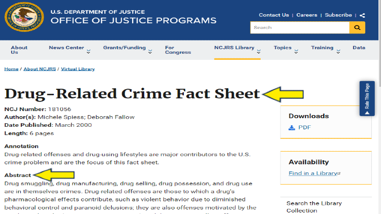 Screenshot of Office of Justice Programs website page about virtual library with yellow arrow pointing to drug-related crime fact sheet.