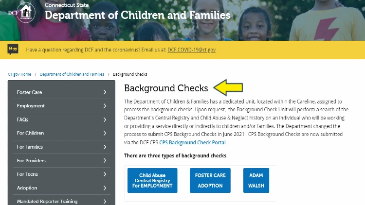 Screenshot of Connecticut State website page for Department of Children and Families with yellow arrow on background checks.