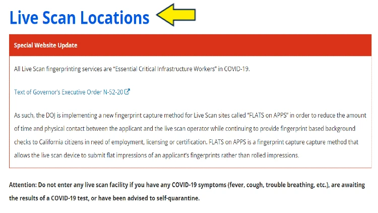 Screenshot of Department of Justice website page for fingerprinting with yellow arrow on live scan locations.