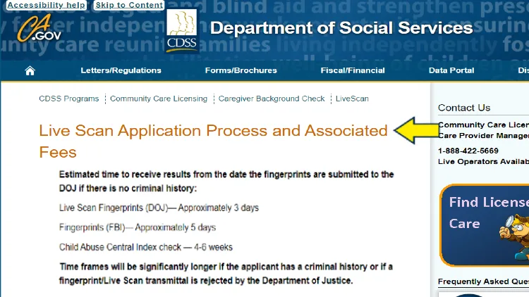 Screenshot of State of California website page for Department of Social Services with yellow arrow on live scan application process and associated fees.