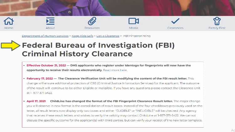 Screenshot of Department of Human Services website page for FBI fingerprinting with yellow arrow on Federal Bureau of Investigation (FBI) Criminal History Clearance.