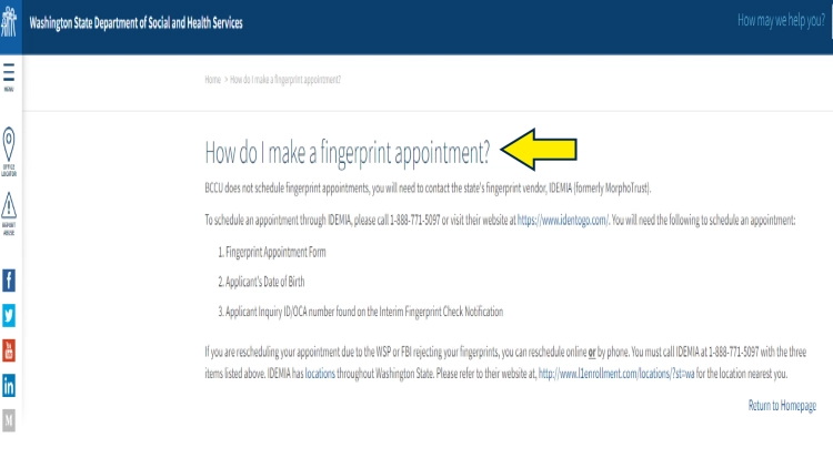 Screenshot of Washington State Department of Social and Health Services for FAQs with yellow arrow on how do I make a fingerprint appointment.