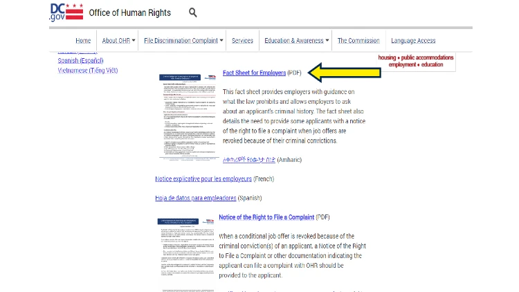 Screenshot of District of Columbia website page for Office of Human Rights with yellow arrow on fact sheet for employers pdf link. 
